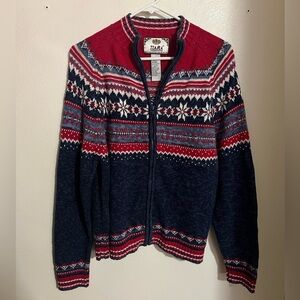 TIARA INTERNATIONAL Vintage Fair Isle Full Zip Cardigan Sweater Red‎ Blue Wms L